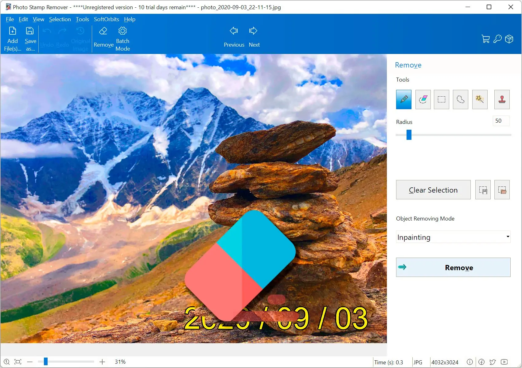 Photo Stamp Remover: Zrzut ekranu.